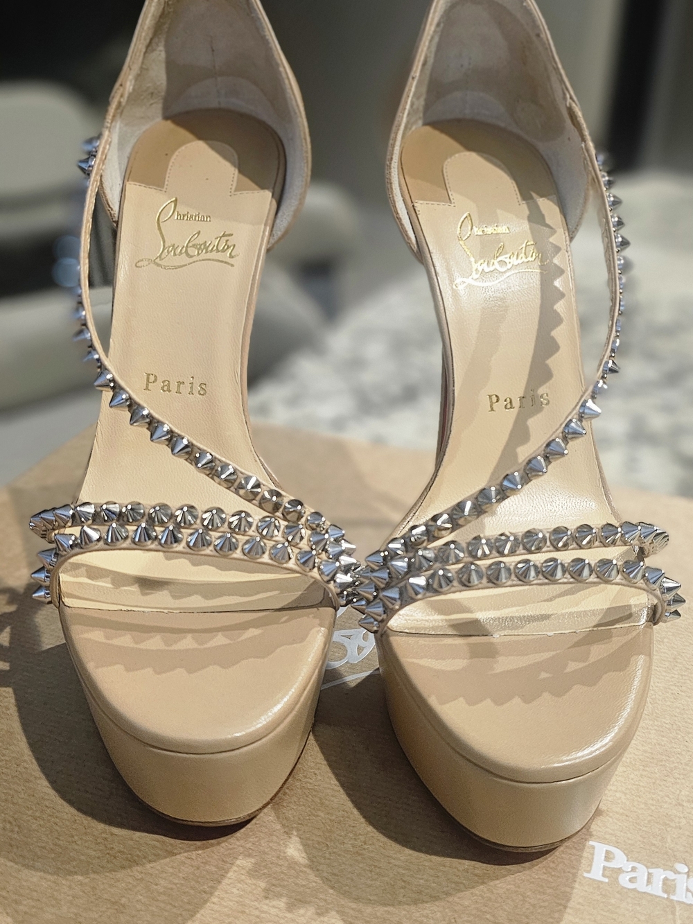 Christian Louboutin Beige Platform Sandals with Silver Studs